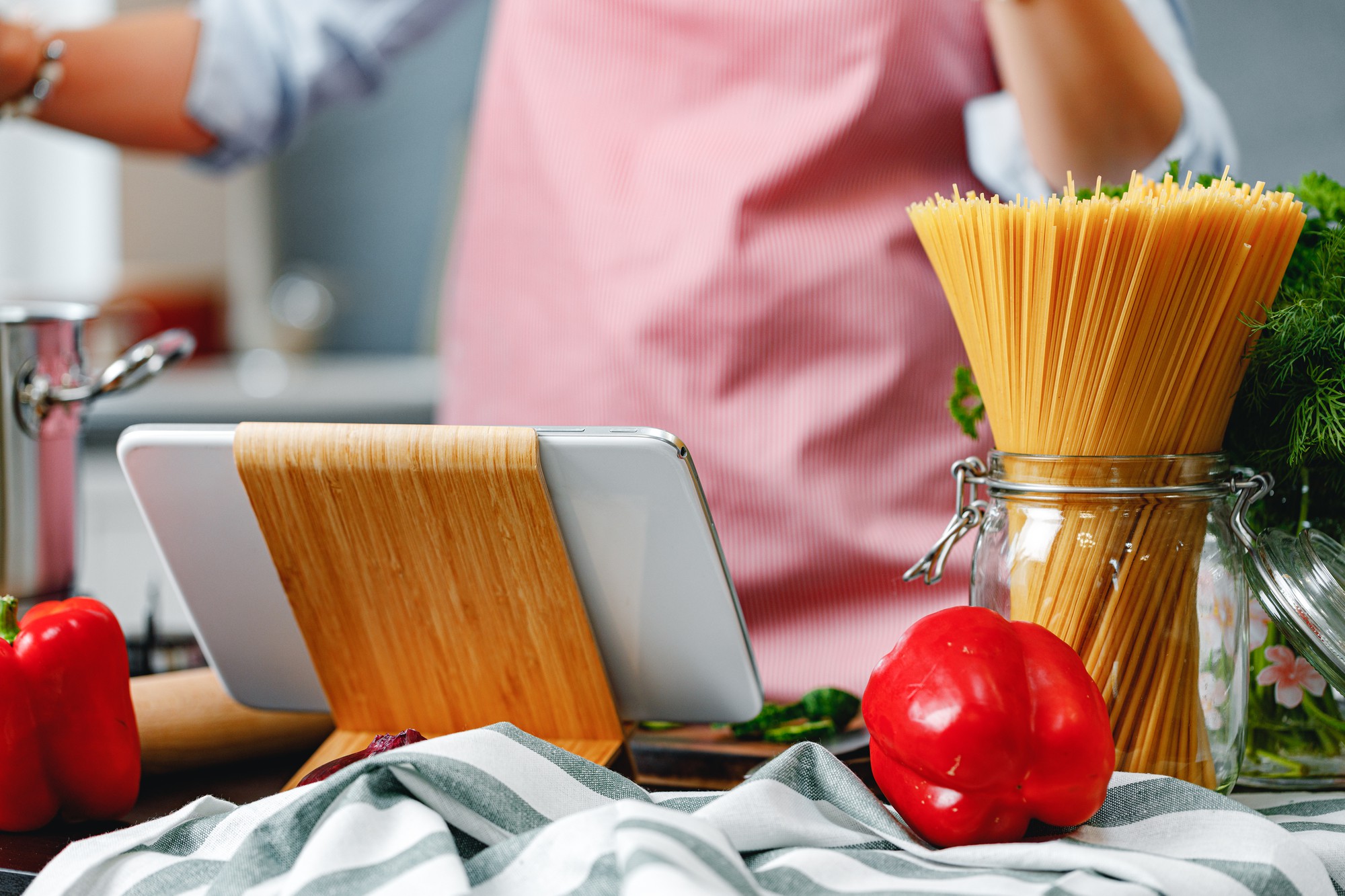 Small professional kitchen workspace with tools and fresh ingredients